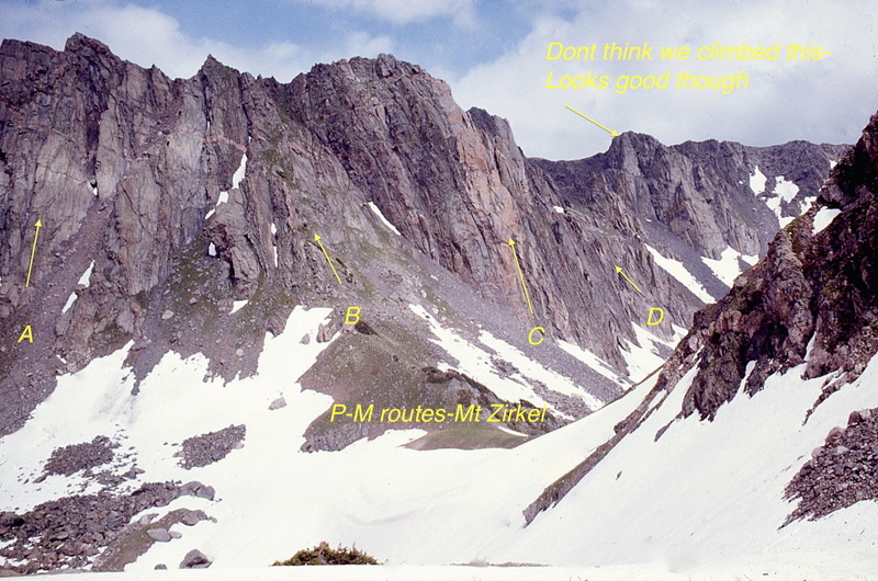 Some of the Perry-Mansfield routes on Mt. Zirkel from 1968 to 1975. Details will follow later. The photo was taken from Big Agnes saddle.