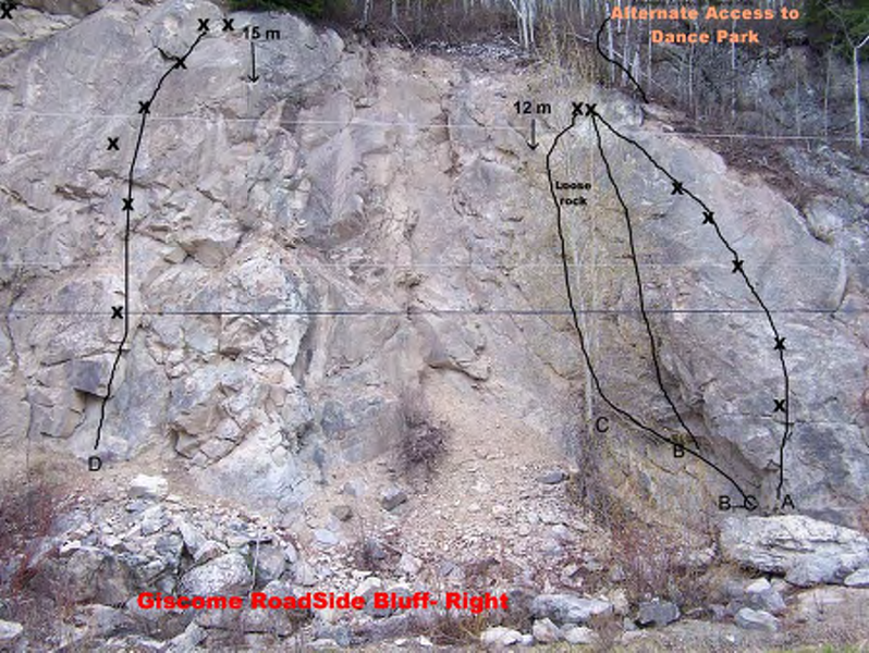 Roadside Crag:
<br>
A) Scaredy Cat (5.8)
<br>
B) Randy's Route (5.9+)
<br>
C) Dieter's Route (5.10-)
<br>
D) Mr. Clean (5.10+)
<br>
E) When The Dust Settles (5.9)