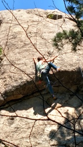 Mark getting over the roof. Decent route for a top rope.