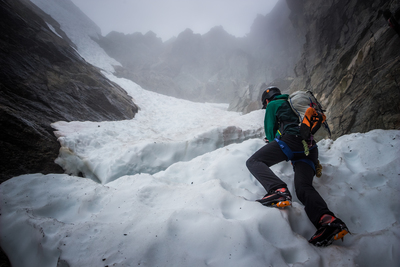 Going up the snow couloir to the start of west ridge ... bergschrunds to cross.