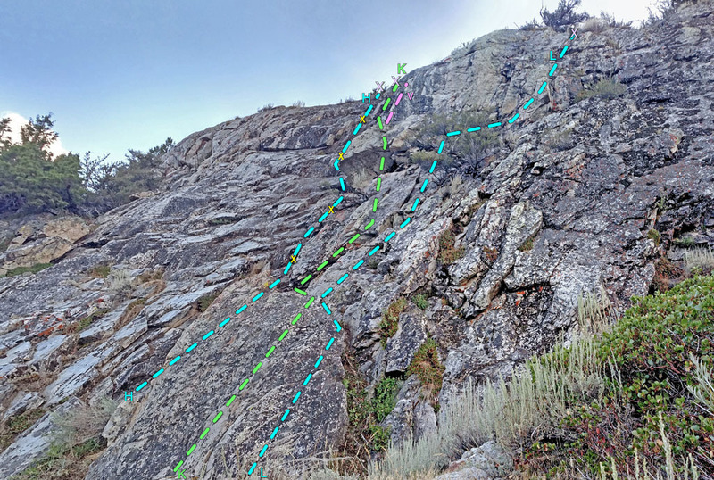 Lewis sector 7: Trail Slab + Shelves from NE
<br>
H. Right Corner
<br>
K. Wander Left
<br>
. v Variation
<br>
L. Wander Right