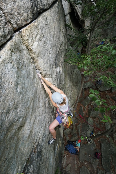 Alayna at the crux on P-38