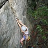 Alayna at the crux on P-38