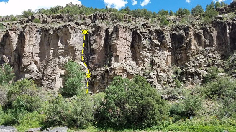 Aurora's Diving Board (5.17 PG13) Climb up to the one and only bolt on the route. Climb up a ramp with no protection. Gain a crack and good pro. Fire to the top. 2 bolts and chains.