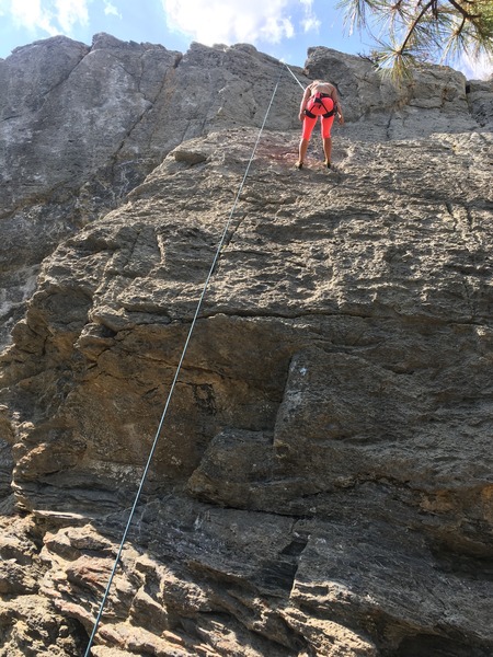 Top-roping this isn't the best - lots of rope drag on very sharp rock. (Same with the route to the left in the dihedral.)