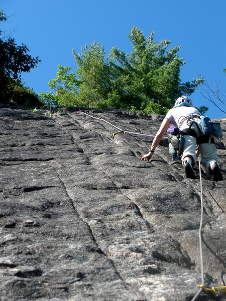 Our P4,  (The "White Streak variation") up the slab above the mid-slab belay at the large block & small oak tree