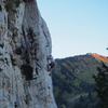 Myself getting into the stiffer climbing of Devils Advocate, on my way up to DAOC