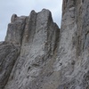 After 5 single-rope rappels, scramble over to the notch in the photo. Make 5 more single-rope rappels (or double rope if you dare) down the other side.