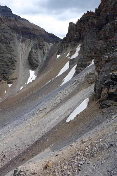 Watch out for rockfall on the traverse between Sentinel Pass and Grand Sentinel. Specifically in the area just past (towards Sentinel Pass) the snowfield in the photo - rock was coming down all day in this section.