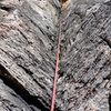 Corner at top of Pitch 6 (this is Pitch 7 in Jones guidebook). We climbed past bolted belay midway through corner to a nicer ledge about 10m above the bolted belay.