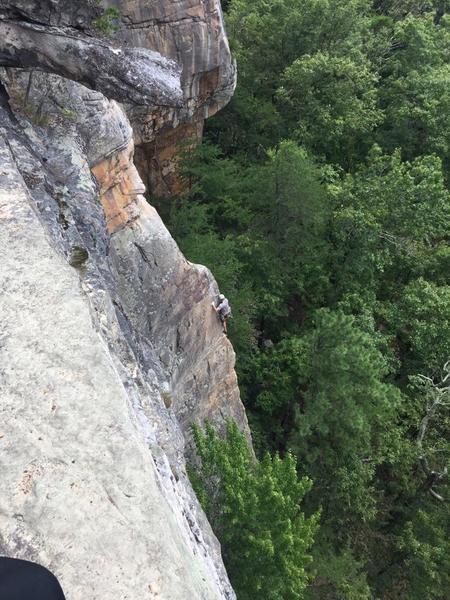 Kyle Hartung finishing the last bit of the arete on Party Till Yer Blind in late August, 2017.  Photo taken by hiker on Endless Wall Trail above.