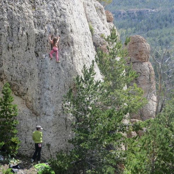 Ella Smith on her signature route, "Ella's Pony Ride", 5.4, Cowboy Poetry Wall, Wild Iris, Wy