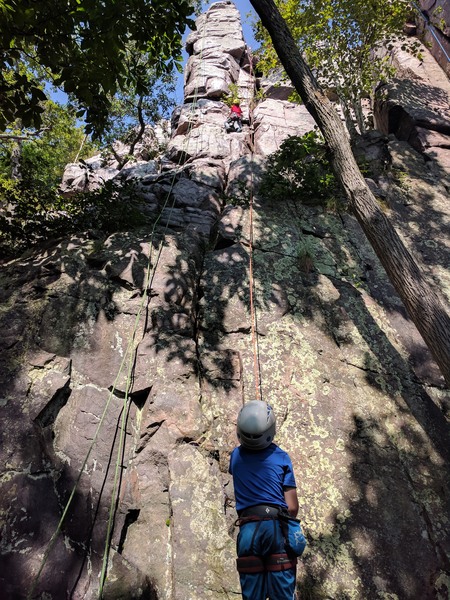 Logan belaying Aiden on The Throne Room