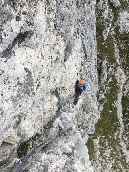 Martin Bennett following the crux pitch.  Traverses just enough to make the wall below overhung.  To escape, one would have to reverse the pitch.