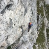 Martin Bennett following the crux pitch.  Traverses just enough to make the wall below overhung.  To escape, one would have to reverse the pitch.