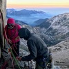 First light on our accidental bivy ledge- if you're not comfortable simuling or soloing 5.7 exposed ridges for ~17 pitches, start early!