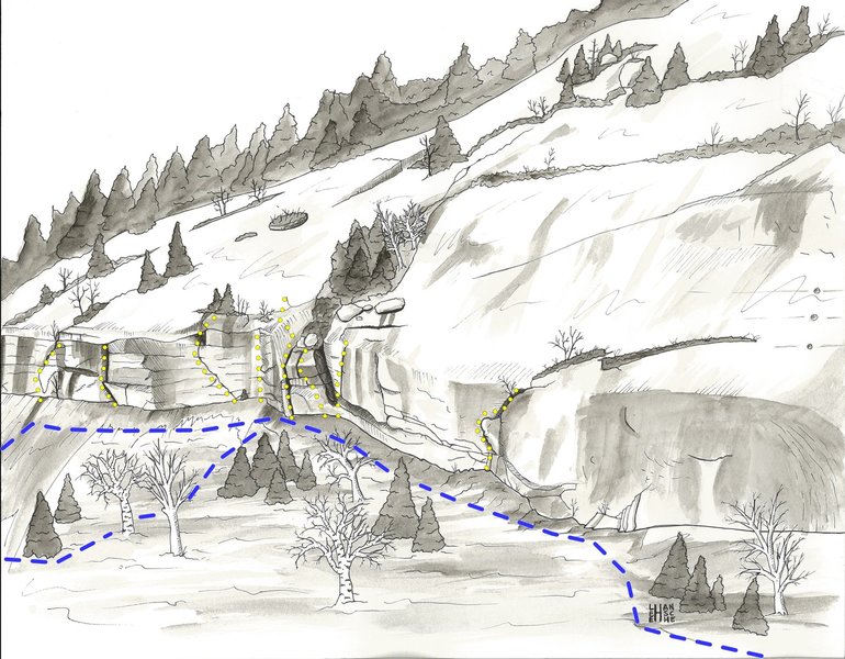 Last winter I spent way too much time painting/drawing these maps. Not sure why I waited so long to post them. Here is a good likeness of South America Wall
<br>

<br>
Left to Right:
<br>
South America Flake 5.11-
<br>
The Good Book 5.11
<br>
The Prophecy 5.12
<br>
The Horcrux 5.13c
<br>
Layback 5.9
<br>
Little Orphan Angry 5.12 b/c
<br>
Fern Crack 5.11+
<br>
Flakes Alive 5.9