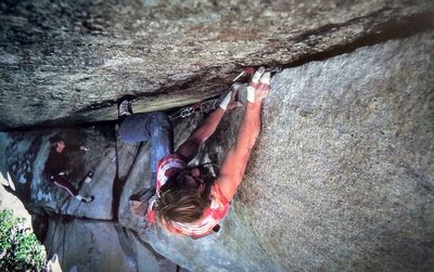 Ray Jardine on Hangdog Flyer (5.12b), Yosemite Valley
<br>

<br>
Photo by William M. Wood