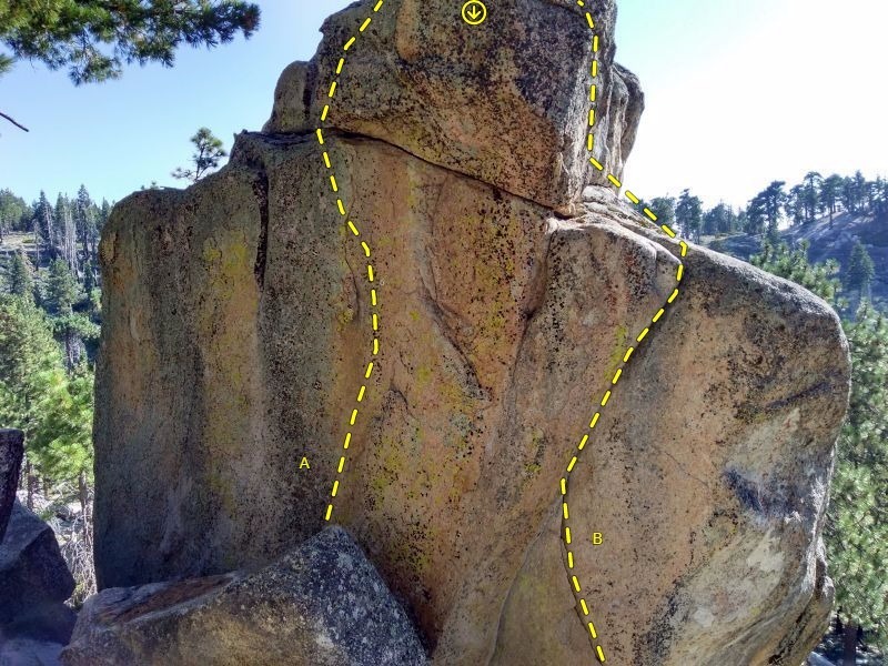 The north face of Works Rock, Crafts Peak
<br>

<br>
A. Work Needed (5.10a)
<br>
B. Highway to Hell (5.11c)
