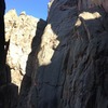 The middle portion of the route climbs this clean buttress. The pitch 2 crack is visible in the bottom left. The pinnacle of Dark Star is visible at the upper left. The handcrack/corner of pitch 5 starts above the rightmost sun spot.