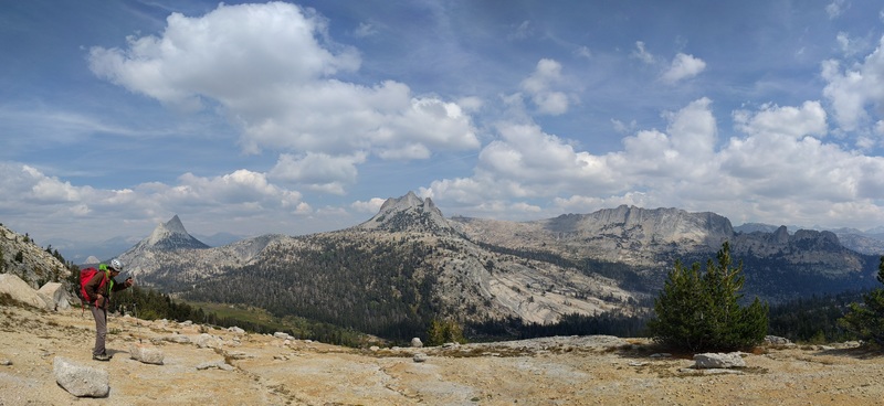 View of approach to Cathedral (far left) and/or Matthes (far right) coming from Tenaya