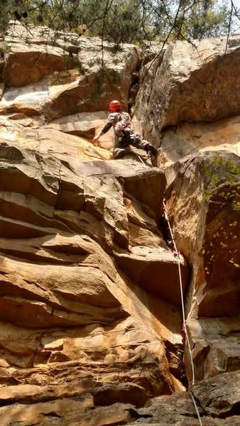 Tim in between the wide bits on Seal Test, Tennessee Wall.
