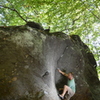 Chris posted up through the intro to "The Scoop" on the Roadside Boulder, Left Boneyard.