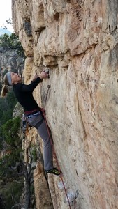 Kat contemplating the strenuous move off bolt #3 to the huge, right-pointing flake-rest.