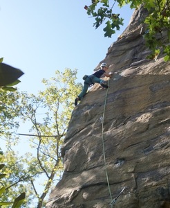 Erica starting the thin feet bit directly after the first rad arete crux