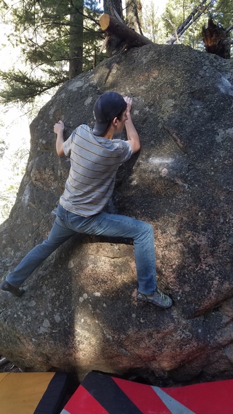 Starts on the far left of the boulder, make way toward top right pass the tree brach at the top.