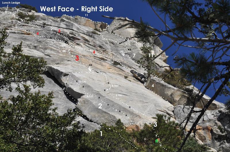 West Face, Right Side<br>
<br>
1. The Slab <br>
2. Point Blank <br>
3. Crimes of Passion (with Direct Start)<br>
4. Fingertrip<br>
7. El Camino Real<br>
11. Jenson's Jaunt