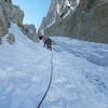 10-7-17. Brittle ice about half way up the couloir and neve on all the rest.