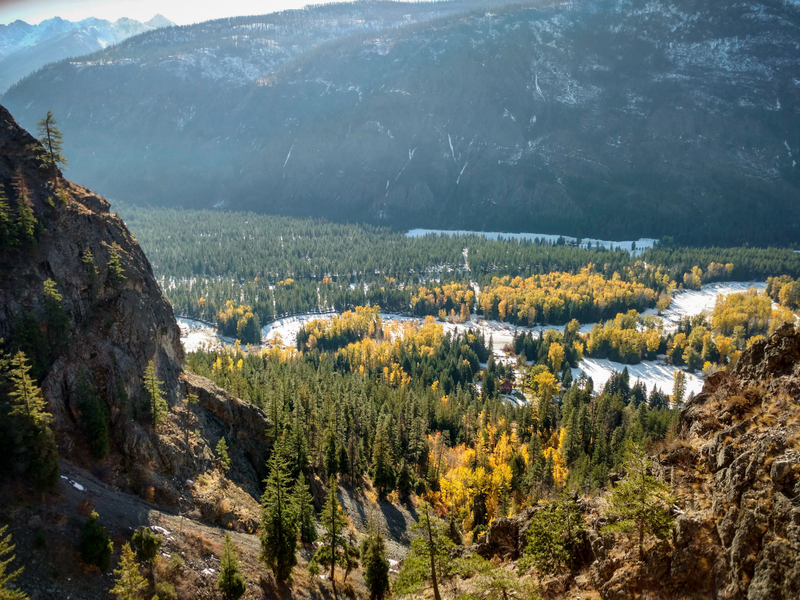 View from Rough Cut Wall. T-shirt temps even with a little snow on the ground in Mazama.