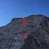 Red Xs mark where the bolts are...the climbing is pretty easy from the last bolt to the anchors, but it does make for a large runout.