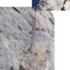 Photo with the route of Angel's Fright at Tahquitz Rock drawn on top.