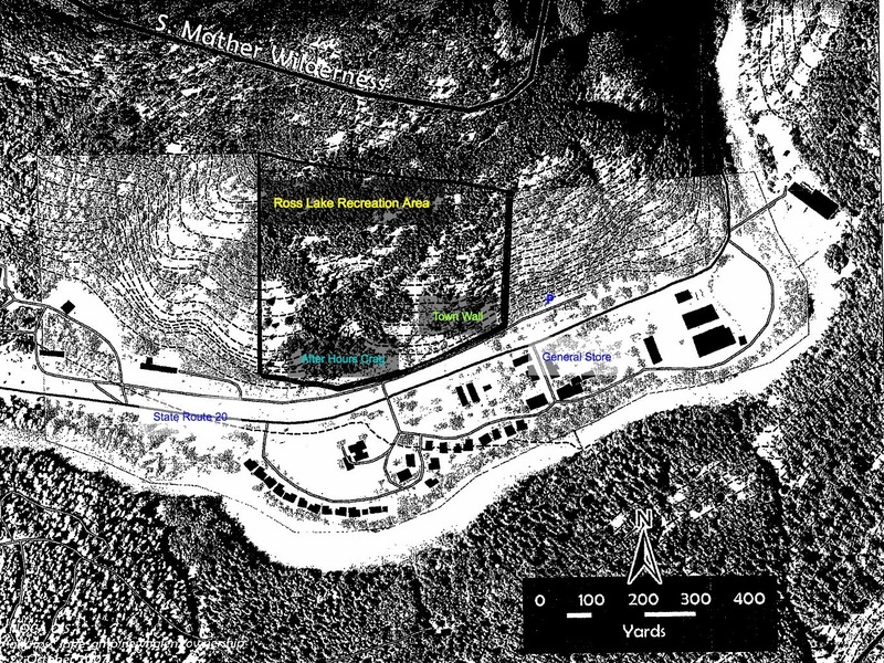 Map of 'downtown" Newhalem showing Ross Lake Recreation Area. Climbing is not permitted on adjacent crags owned by the utility company, Seattle City Light