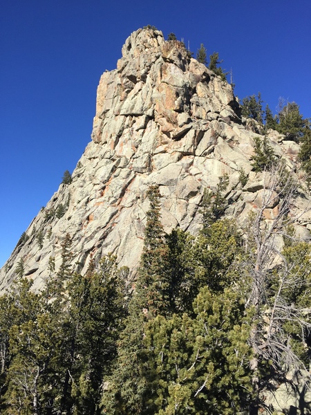 View of the southside of the second buttress with the ledge walkoff for the Unknown 5.10b crack route visible near the top.