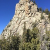 View of the southside of the second buttress with the ledge walkoff for the Unknown 5.10b crack route visible near the top.
