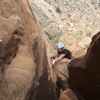 Looking down from “the eye” belay atop pitch 2