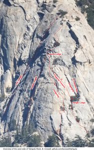 Overview of the west face of Tahquitz Rock, showing some routes.