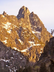 Alpenglow on the castellated citadels (the Mole, I believe) guarding the NW rim of Edward and Lost World Plateaux - from Icicle Creek, spring 2012.