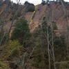 Route starts at a roomy ledge inside the right-facing corner about a third of the way up the cliff. 
<br>

<br>
I was happy to clove hitch a biner on the first bolt of Kinethesis while belaying my partner.