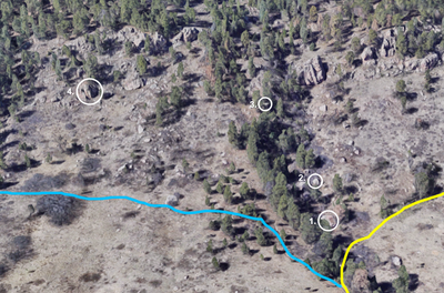 Yellow Line: Well Gulch Nature Trail<br>
Blue Line: Overlook Train.<br>
<br>
1. Rhino Boulder.<br>
2. Forest Spirit Boulder.<br>
3. Heartbreak Repair Shop.<br>
4. Epic Project Boulder.