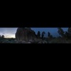 Coyote Crag panorama at sunset, with a full moon rising on the right. Julia Tovar and Jeremy Saqr descending. Photo by Nicole McCarthy