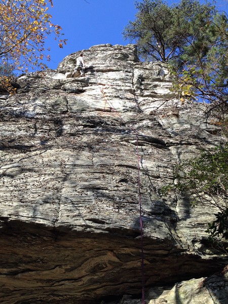 Dennis Buice getting a shake on the left side of the face.
<br>
Vertical Horizon would simply take a straight rope line up the vertical crack which is steeper, longer and pumpier than it appears.