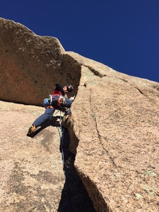 EJ loading up the crack before casting off into the crux section of Bishops Jaggers.