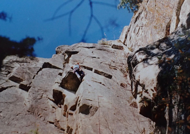 At the crux on the first ascent 10/3/93. (Photo by Eric Howard)