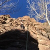 Joy Doucette atop the crux lower section of the route.