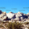 From left to right, Frock Rock (aka Nixon Tower), Dali Dome, H & R Block, Jacuzzi Dome and Space Needle. These crags were named by those climbers who top out first and gave a name to their crag.
