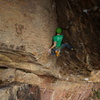 Nick entering the crux on P2. Such a great climb!
<br>

<br>
Photo: Marc Bergreen.